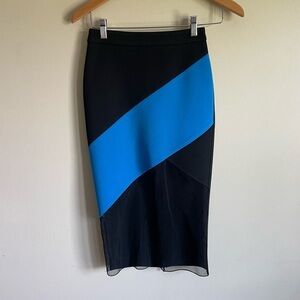 David Koma Color Block Mesh Midi Skirt Blue Black Size 8